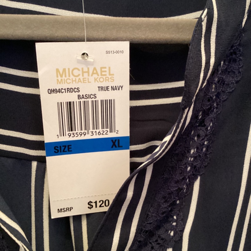 Michael Kors Tunic Blouse Navy White Stripe with Lace Trim - Picture 4 of 4